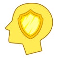 Shield inside human head icon, cartoon style