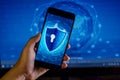 Shield Internet phone Smartphone is protected from hacker attacks, Firewall Business people press the protected phone on the inter