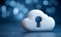 A shield and keyhole symbolize the concept of cloud security, which provides cyber protection and insurance to Royalty Free Stock Photo