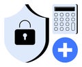 Security Shield with Lock, Calculator, and Plus Sign Representing Protection, Calculation, and Assistance Royalty Free Stock Photo