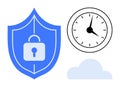 Shield with Lock, Clock, and Cloud Representing Security and Reliability in Digital Services Royalty Free Stock Photo