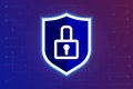 Shield with lock on digital background, cyber background. Network protection, electronic payments, operations, GDPR