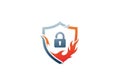 Shield with lock icon surrounded by dynamic flames symbolizing security and protection Royalty Free Stock Photo