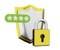 Shield with lock symbol security and protection. 3D render isolated on white Royalty Free Stock Photo