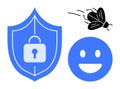 Secure Shield with Lock, Smiling Face, and Bug Illustrating Security and Software Debugging Themes Royalty Free Stock Photo