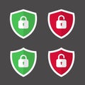 Shield with lock and unlock icon vector. Red and green shields symbol