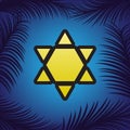 Shield Magen David Star Inverse. Symbol of Israel inverted. Vector. Golden icon with black contour at blue background with branch