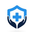 medical shield plus logo with hand care symbol
