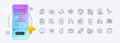 Shield, Meeting time and Gps line icons for web app. Pictogram icon. Phone mockup gradient screen. Vector