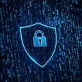 Shield with an open lock icon in the center, surrounded by binary code.representing data or security symbols Royalty Free Stock Photo
