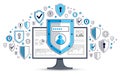 Shield over computer monitor and set of icons, private data security concept, antivirus or firewall, finance protection, vector Royalty Free Stock Photo