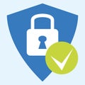 Shield with padlock and check mark. Vector icon on a light blue background. Royalty Free Stock Photo