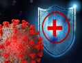 Shield protects from viruses attack. Concept of stop pandemic of covid 19 crown virus. 3d illustration