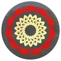 Shield with red snakes and interlocked hands