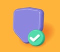 Shield secure check mark 3d icon vector render graphic, safety protection checkmark cyber virtual quality tick blank template,