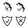 Shield security. Armor plate. Security and protection outline icons. Check mark icons. Symbols of check tick and reject are