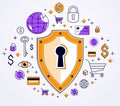 Shield and set of icons, internet security concept, antivirus or firewall, finance protection, vector flat thin line design, Royalty Free Stock Photo