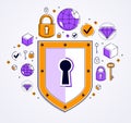 Shield and set of icons, internet security concept, antivirus or firewall, finance protection, vector flat thin line design, Royalty Free Stock Photo