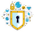 Shield and set of icons, internet security concept, antivirus or firewall, finance protection, vector flat thin line design, Royalty Free Stock Photo