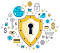 Shield and set of icons, internet security concept, antivirus or firewall, finance protection, vector flat thin line design, Royalty Free Stock Photo