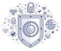 Shield and set of icons, internet security concept, antivirus or firewall, finance protection, vector flat thin line design, Royalty Free Stock Photo