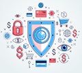 Shield and set of icons, internet security concept, antivirus or firewall, finance protection, vector flat thin line design, Royalty Free Stock Photo