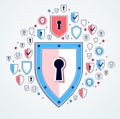 Shield and set of icons, internet security concept, antivirus or firewall, finance protection, vector flat thin line design, Royalty Free Stock Photo