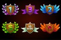 Shield set, vector Awards or icons. Awards 1st, 2nd, 3rd place. For game, user interface, banner, application, interface