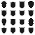 Shield shape icons set. Black label signs isolated on white background. Symbol of protection, arms, security, safety Royalty Free Stock Photo