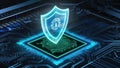 Shield-shaped hologram hovering above circuit labyrinth representing advanced encryption pathways