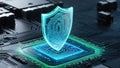 Shield-shaped hologram suspended over circuit labyrinth symbolizing cutting-edge encryption techniques Royalty Free Stock Photo