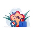 The shield shows a secure VPN connection. Lock, gear, wi-fi symbol and clouds.