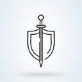 Shield Sword Guardian sign icon or logo line. shield and sword concept. Classic sword and shield outline vector illustration