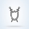 Shield Sword Guardian sign icon or logo line. shield and sword concept. Classic sword and shield outline vector illustration