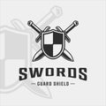 shield and sword logo vintage vector illustration template icon graphic design. swords or blade or saber sign and symbol for Royalty Free Stock Photo