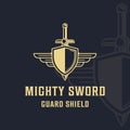 shield and sword logo with wings vintage vector illustration template icon graphic design. swords or blade or saber sign and Royalty Free Stock Photo