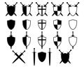 shield with sword set icon silhouette, vector illustration of medieval swords and shields isolated on a white Royalty Free Stock Photo