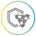 shield with three hands support each other, concept of safety teamwork, protect business group, icon Royalty Free Stock Photo