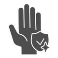 Shield with tidy hand solid icon. Keep hands clean symbol, glyph style pictogram on white background. Wash hands for