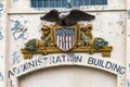 Shield to the administration building of the maximum security federal prison of Alcatraz.