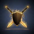 Shield and two cross swords with gold light effect Royalty Free Stock Photo