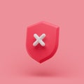 Shield unprotected icon with cross simple 3d illustration on pastel abstract background. minimal concept.