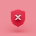 Shield unprotected icon with cross simple 3d illustration on pastel abstract background. minimal concept.