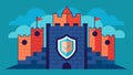 A shielded fortress with imtrable walls of encryption shielding confidential data from potential cyber attacks.. Vector