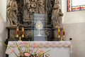 Shielded protected monstrance with an Eucharistic host inside in church interior, object closeup detail Blessed Sacrament, body of Royalty Free Stock Photo