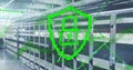 Shielding green digital shield icon protecting data in secure data center, with server racks Royalty Free Stock Photo