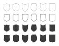 Shields badge icon set. Outline shield label, symbol of safety, power and protection, military or heraldic sign, shape