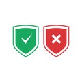 Shields with check mark and cross icons set. Red and green shield with checkmark and x mark. Protection, safety, security,