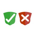 Shields with check mark and cross icons set. Red and green shield with checkmark and x mark on white Royalty Free Stock Photo