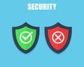 Shields and check marks icons set. Red and green shield with checkmark and x mark. Protect sensitive data, Internet Royalty Free Stock Photo